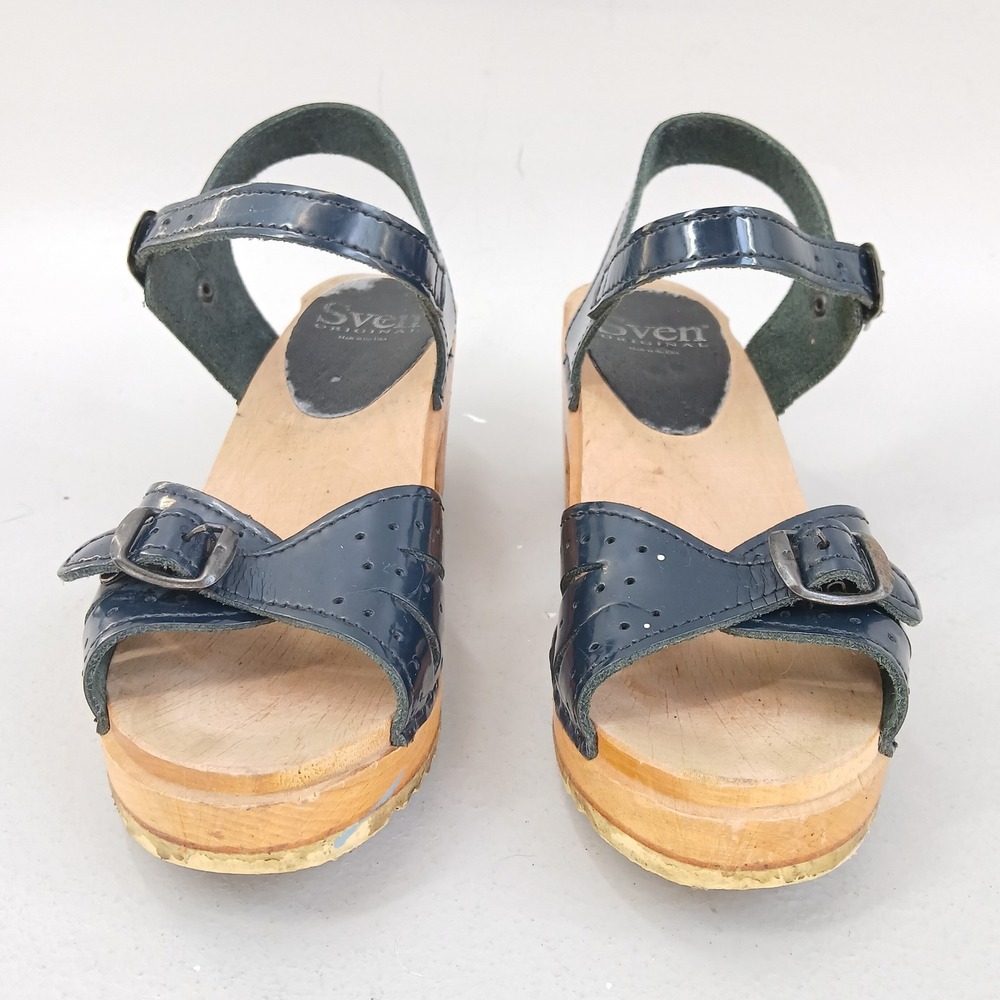 Sven Original Clog Sandals Women EU 36 US 5.5 Blue Patent Leather Wood Platform - Picture 2 of 12